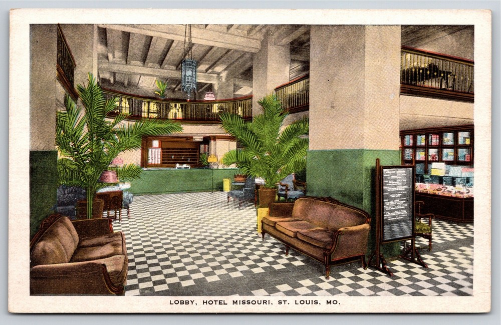 St Louis MO~Lobby Room Interior View @ Hotel Missouri~EC Kropp~Vintage Postcard