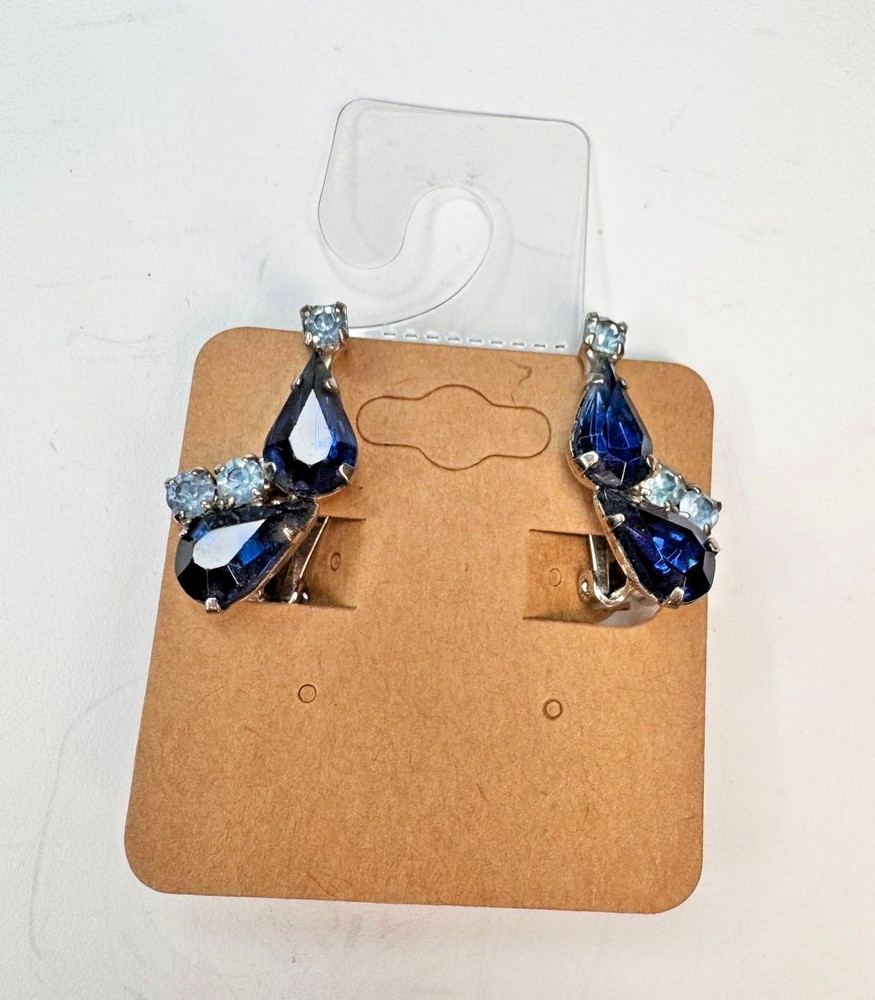 blue crystal glass silver tone clip on earrings vintage