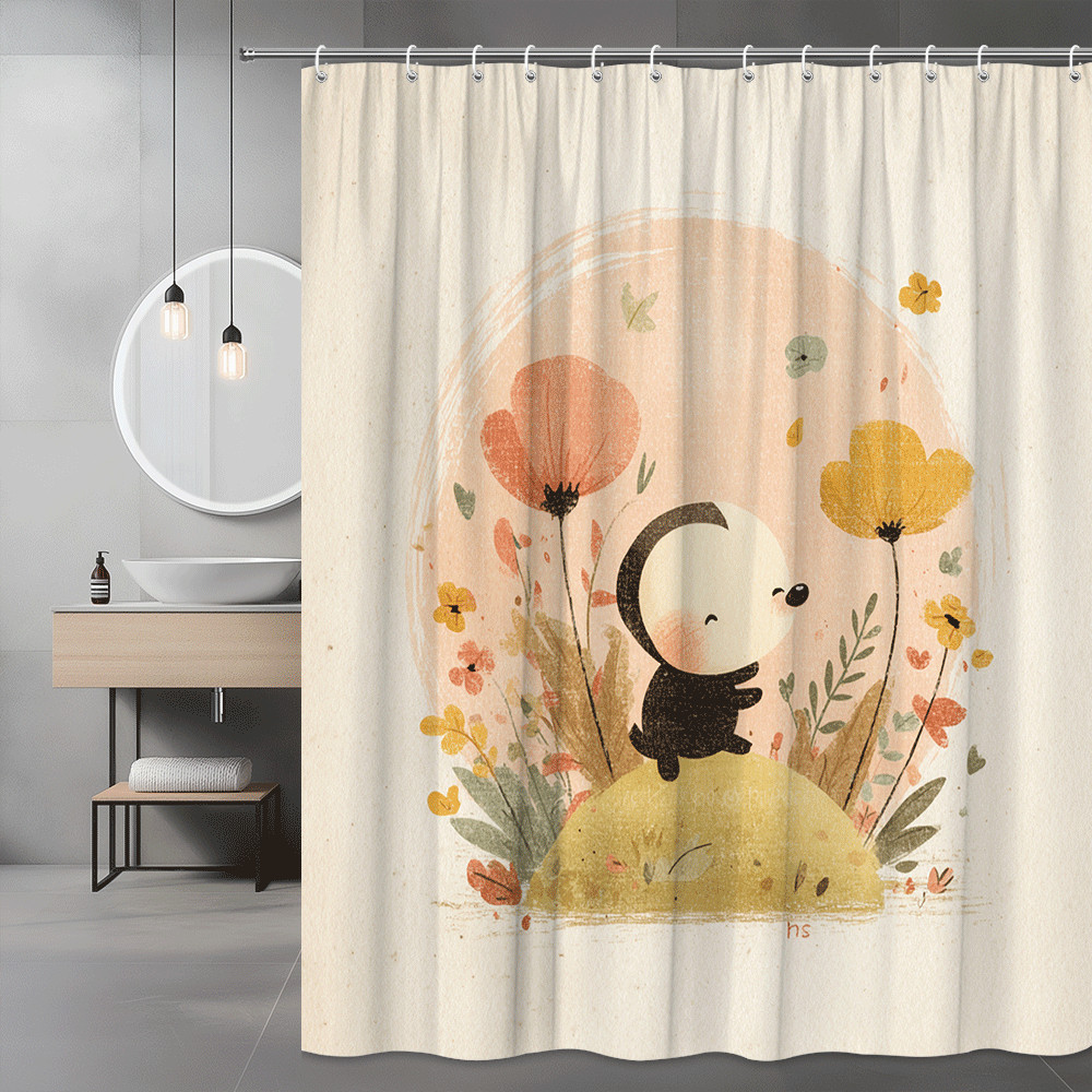 Cute Animal Floral Shower Curtain, Cartoon Hedgehog Print
