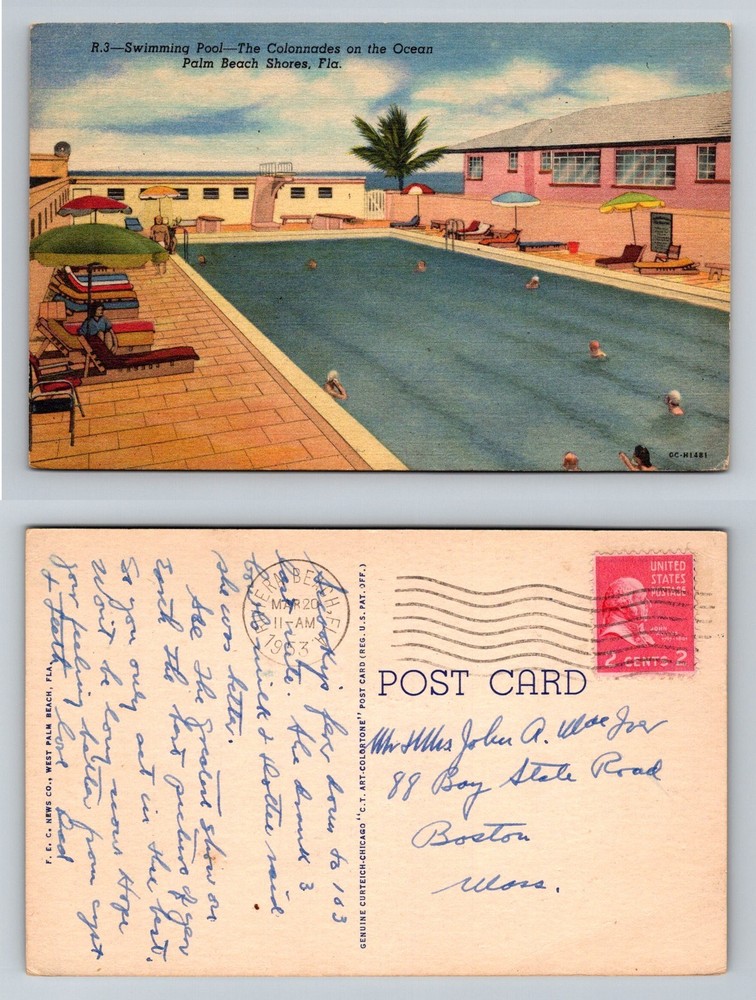 Palm Beach Shores FL-Florida Colonnades on the Ocean Pool Vintage c1953 Postcard