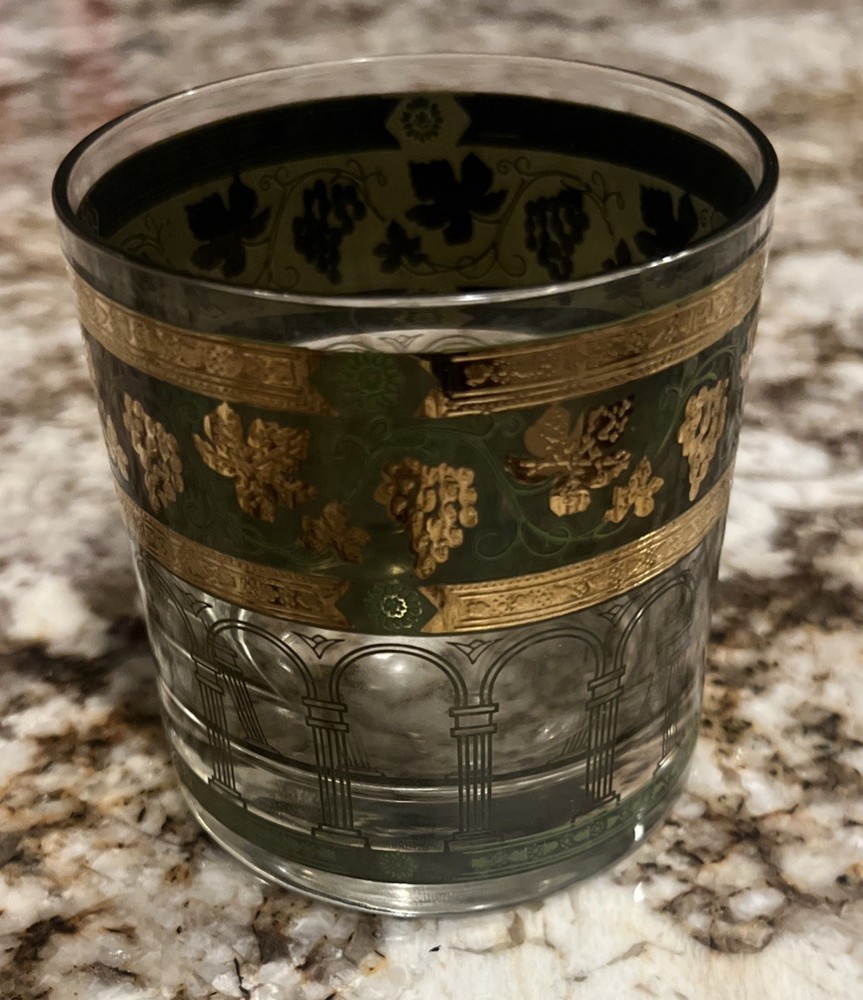 Lot Of 7 Vintage MCM Cera Barware 22k Gold Green Grapes Low Ball Rocks Glasses