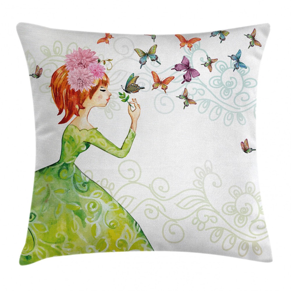 Pastel Butterfly Cartoon Lady 16-Inch Square Cushion Cover Pillowcase
