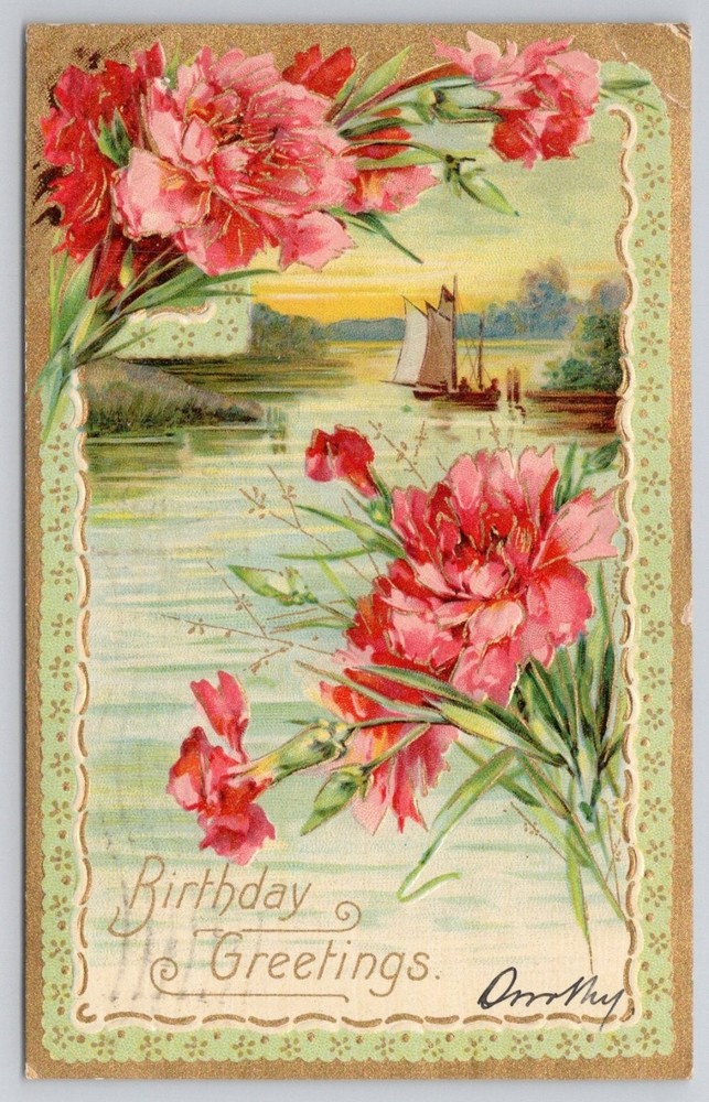 1908 Embossed Birthday Postcard - Carnations, Sailboat, West Chester PA Postmark