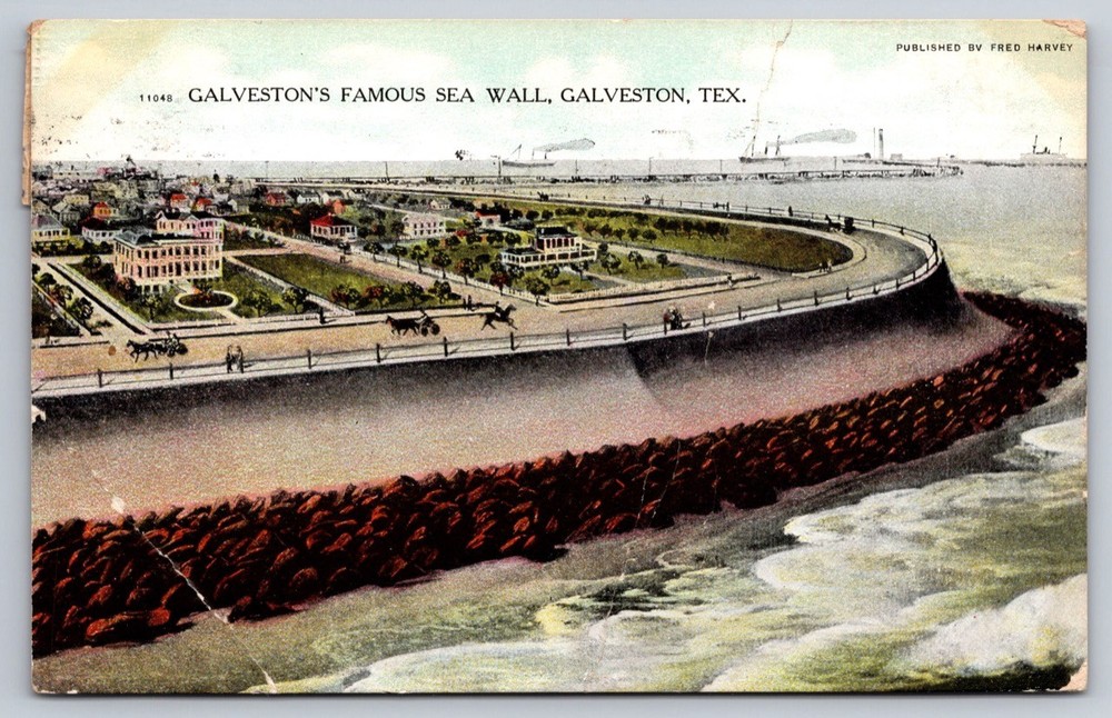 Texas Postcard Galveston Famous Sea Wall TX Antique Fred Harvey USA Posted 1908