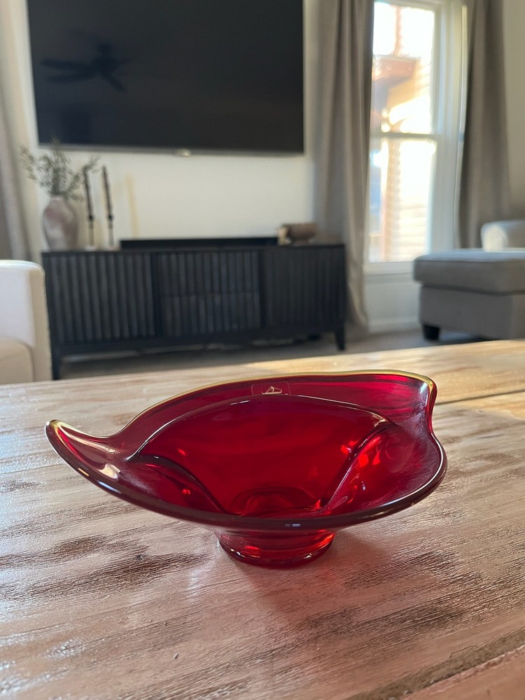 Viking Glass Divided Candy Nut Dish Ruby Red Amberina Free-Form