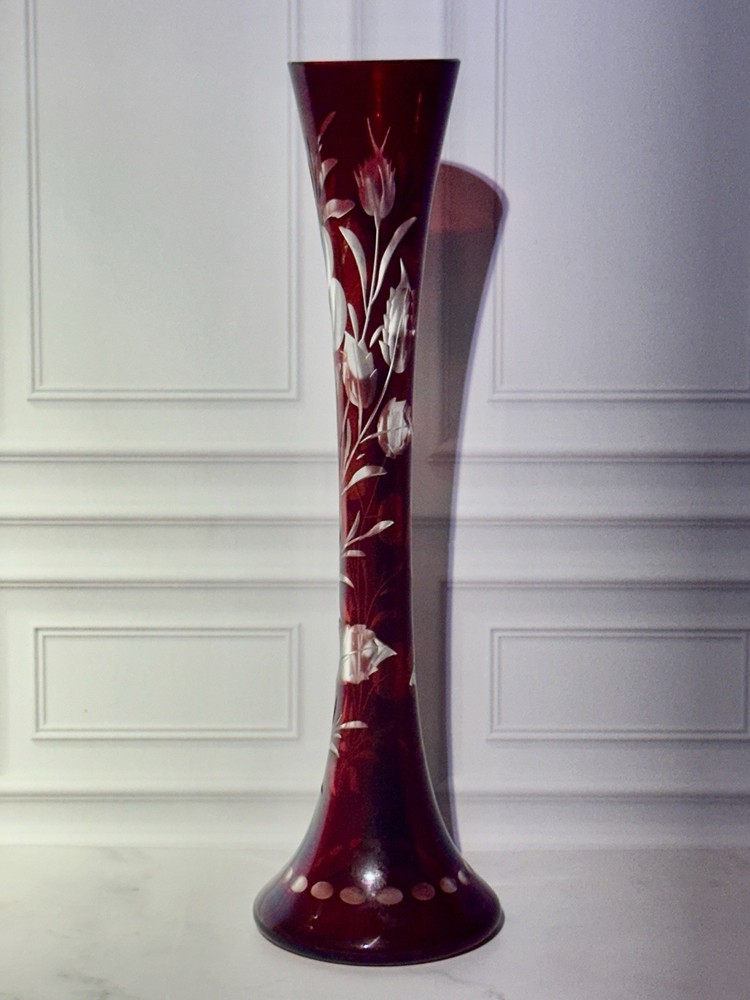 Vintage Bohemian Ruby Cut to Clear Bud Vase 7.25” Floral Etched Glass