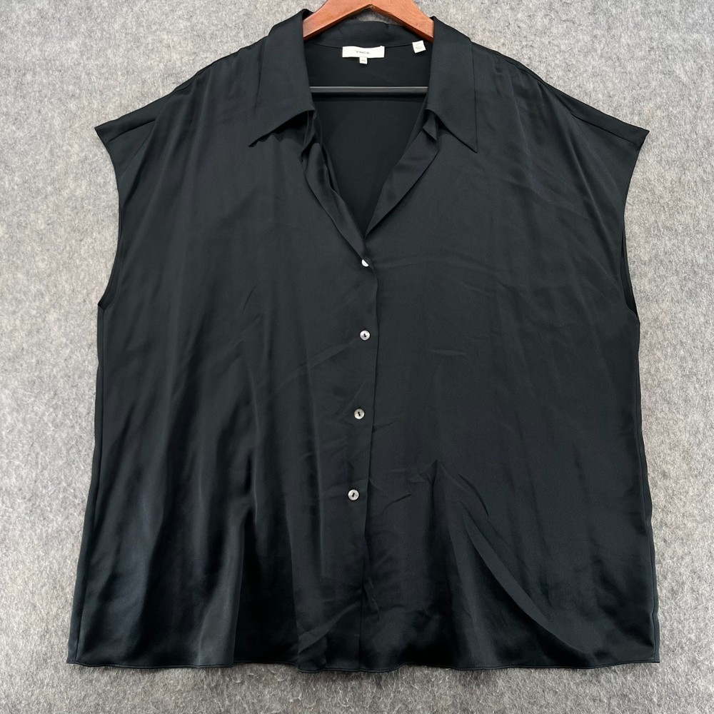 Vince Womens Black Cap Sleeve 100% Silk Button Up Blouse Top Size XXL