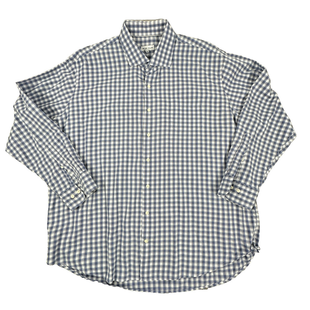 Peter Millar Men's XXL Blue White Plaid Cotton Button Up Shirt Long Sleeve