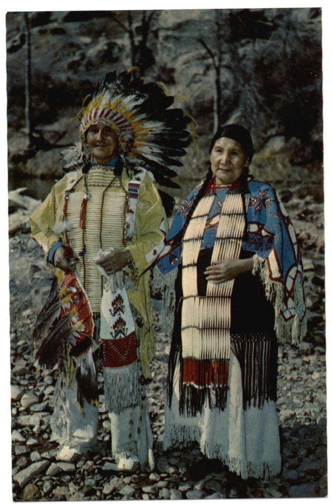 South Dakota Native Chief and wife full regalia vintage 1950s postcard sku311