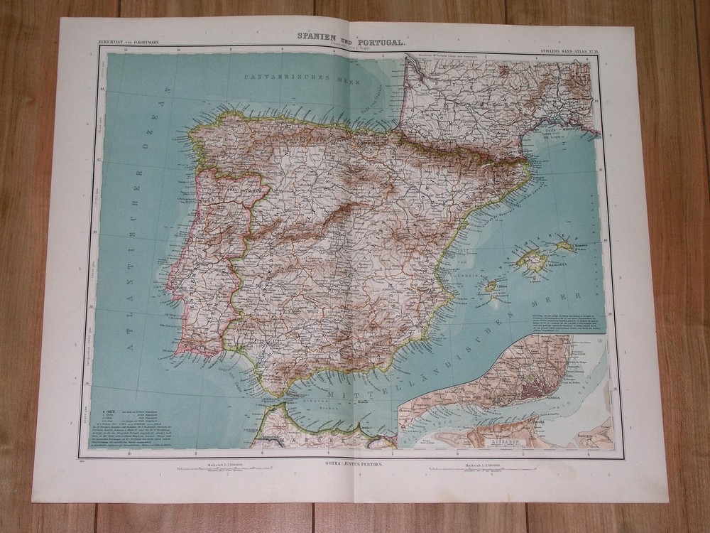 1912 Map Of Spain And Portugal Madrid Barcelona Balearic Islands / Lisbon