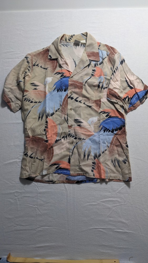 Vintage Campus Abstract Pastel Palm Button Up Shirt 100% Rayon Large 80s 90s-image