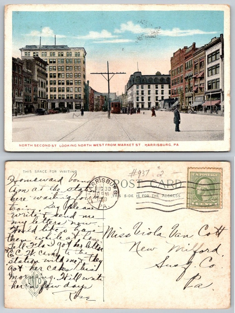 Harrisburg PA 1913 North Second St Market St Vintage Postcard Trolley C.T. Co.