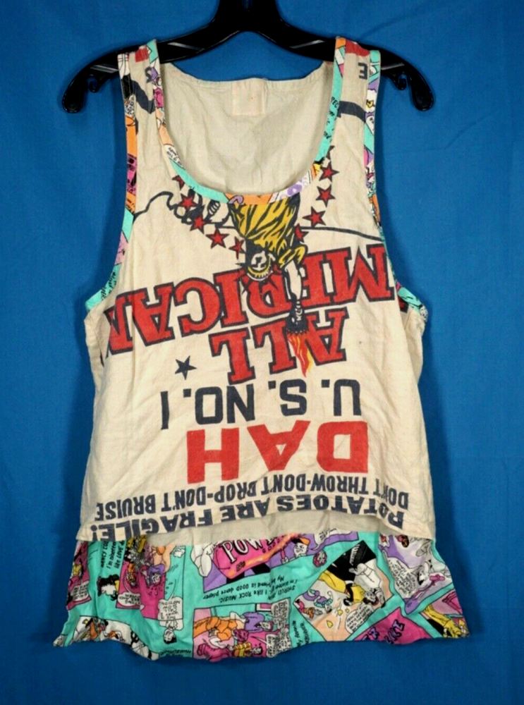 VTG French Fryzz ALL AMERICAN POTATO SACK Tank Top Shirt COMIC STRIP TRIM sz M