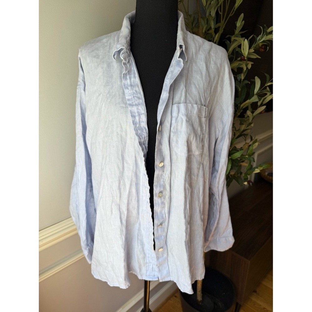 J. Jill Love Linen Blue Button Down Shirt Women's Size S 100% Linen Coastal