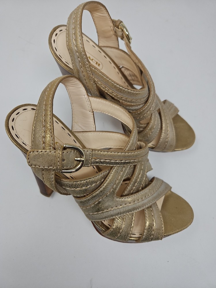 Coach Brynne Metallic Gold Stappy Platform Sandals Heels Women's 7.5B