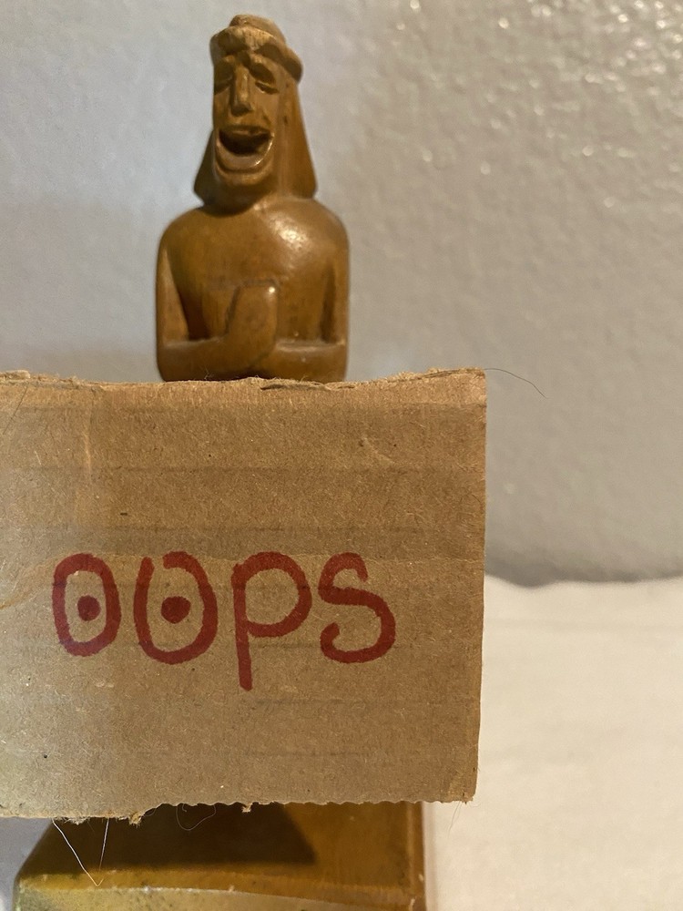 Hand Carved Movable Wooden Man in Barrel Comedic Statue Oddity