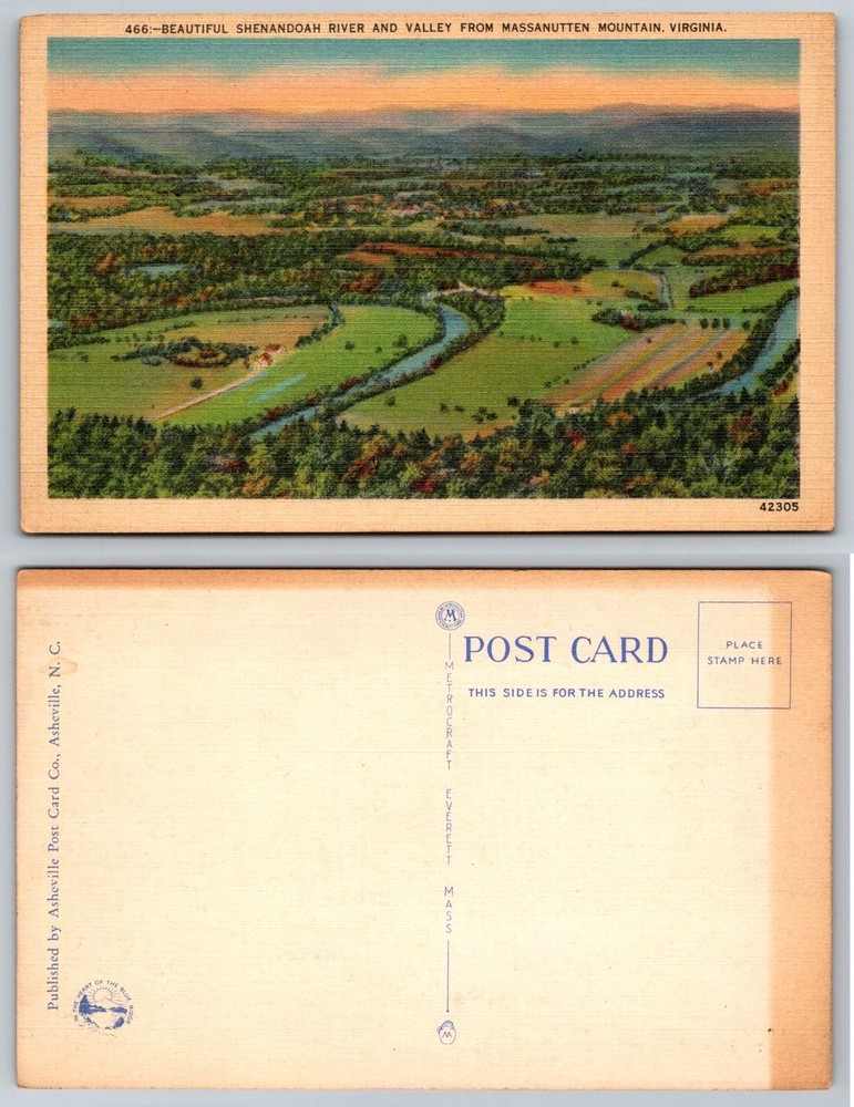 Shenandoah River Valley from Massanutten Mountain VA Linen Postcard
