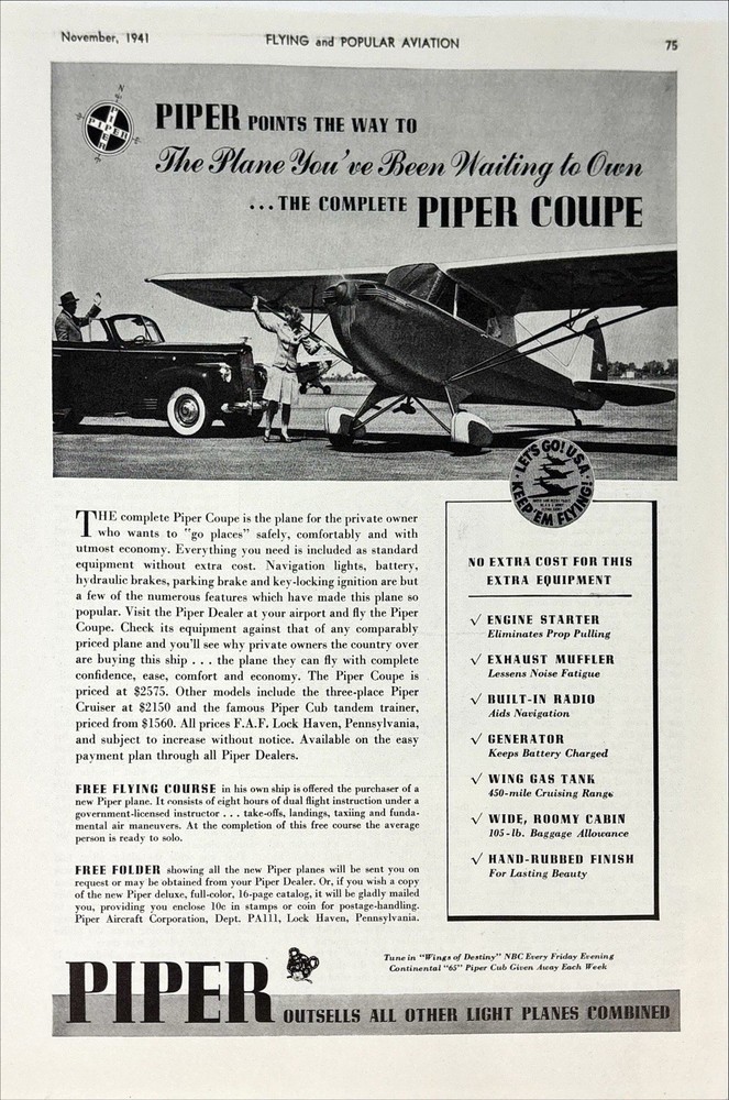 Piper Aircraft, The Plane You've Been Waiting to Own Vintage Print Ad 1941