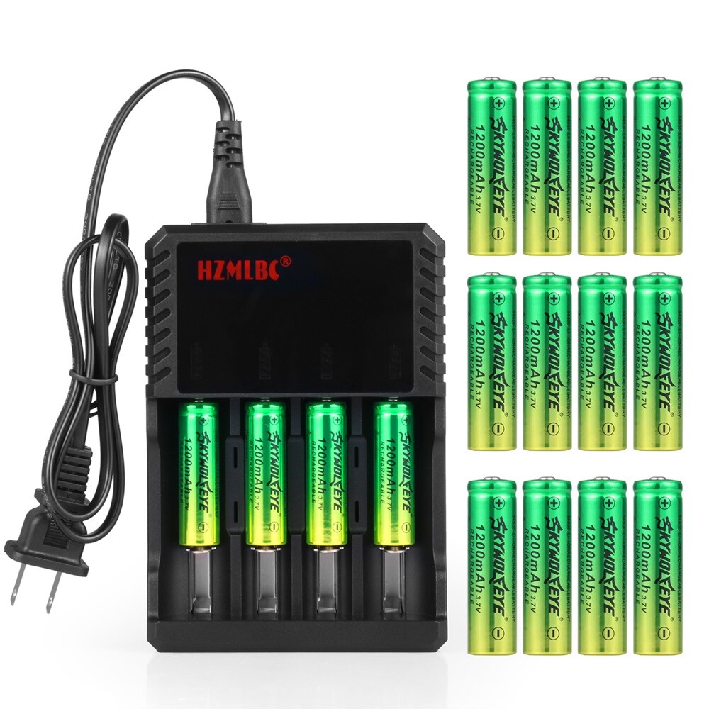 16pcs SkyWolfEye 14500 Battery 1200mAh 3.7V Rechargeable Cell + 4 Slot Charger