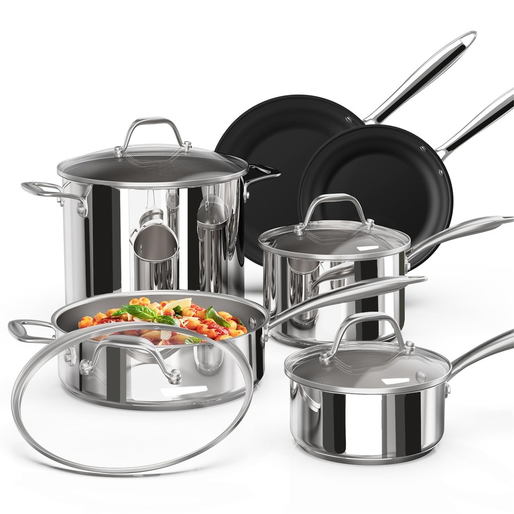 Stainless Steel Pots and Pans Set 10 Piece, Kitchen Cookware Set with Nonstic...