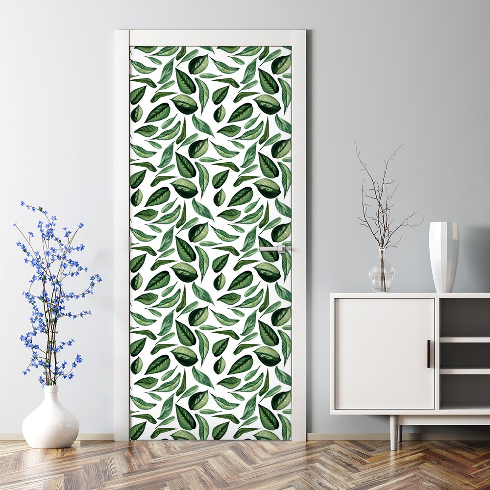 Green Leaves Painted leaves from the garden pattern Self Adhesive Door Decal