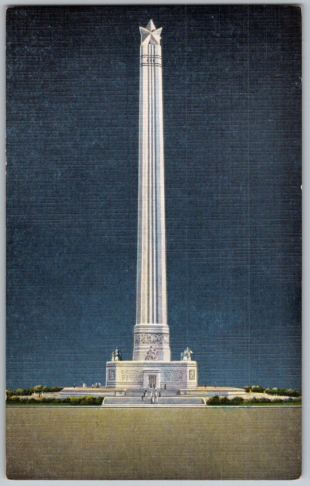 Vtg Linen Postcard San Jacinto Memorial Shaft Houston, TX 1930s