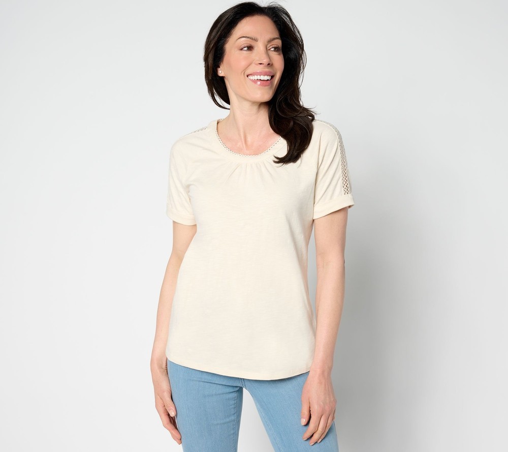 Denim & Co. Women's Top Sz L Texture Knit Round Neck Short Sleeve White A654626