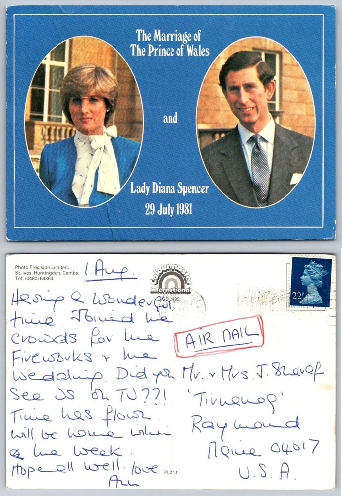 1981 Royal Wedding Postcard Prince Charles Lady Diana Spencer Posted UK to USA