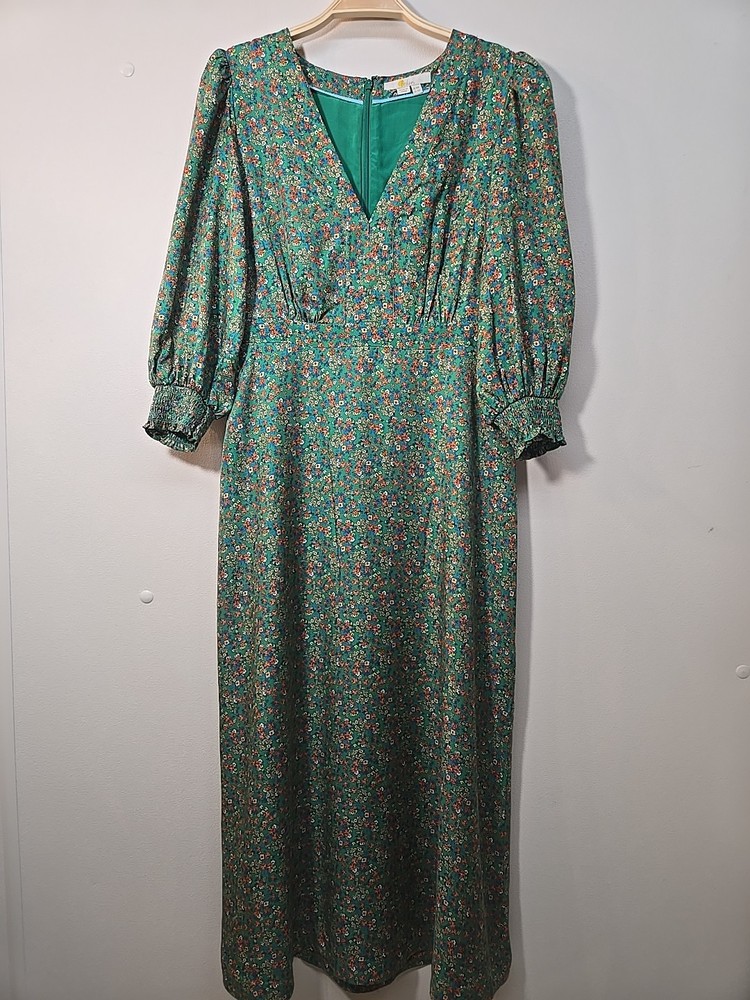 Boden Iris Midi Dress Size 4 Green Floral Fully Lined Puff Sleeves Viscose, Silk