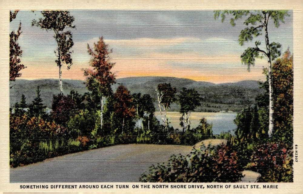 1930s North Shore Drive North of Sault Ste Marie Lake Superior Linen Postcard