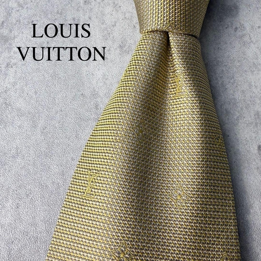 Louis Vuitton Necktie Tie All over monogram pattern LV Gold Beige 100% Silk