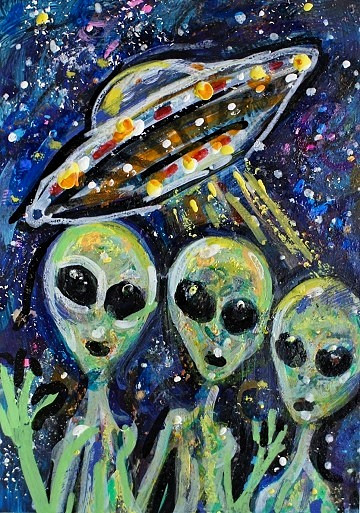 Original ACEO Painting ALIEN Spaceship Stars ET Martian Universe UFO ATC ART