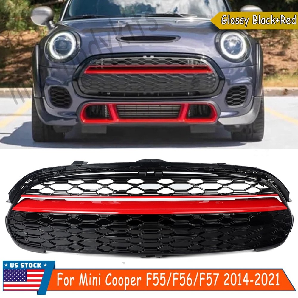 Glossy Black+Red For Mini Cooper F55 F56 2014-2021 GP Style Front Bumper Grille