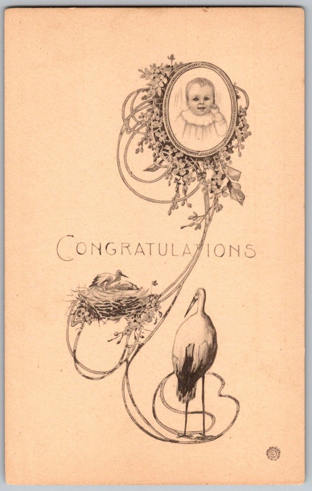 Antique Postcard Stork Baby Congratulations 1910s