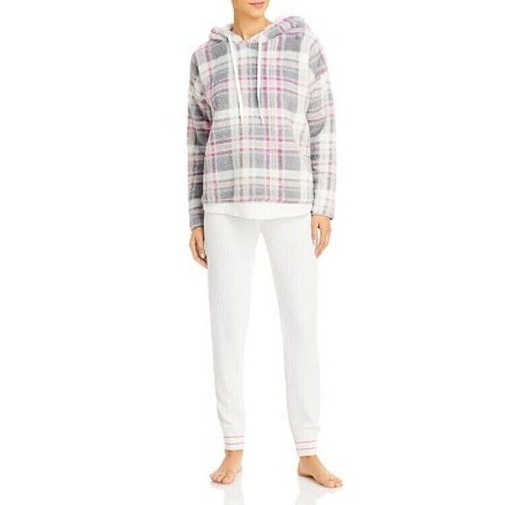 Aqua Women Pastel Grey/Pink Plaid Soft Plush Fleece Relaxed Winter Hoodie Size S