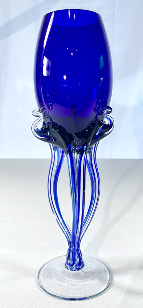 Cobalt Blue Makora Krosno? Jellyfish Handblown Art Glass Vase Bowl Poland, EXC!