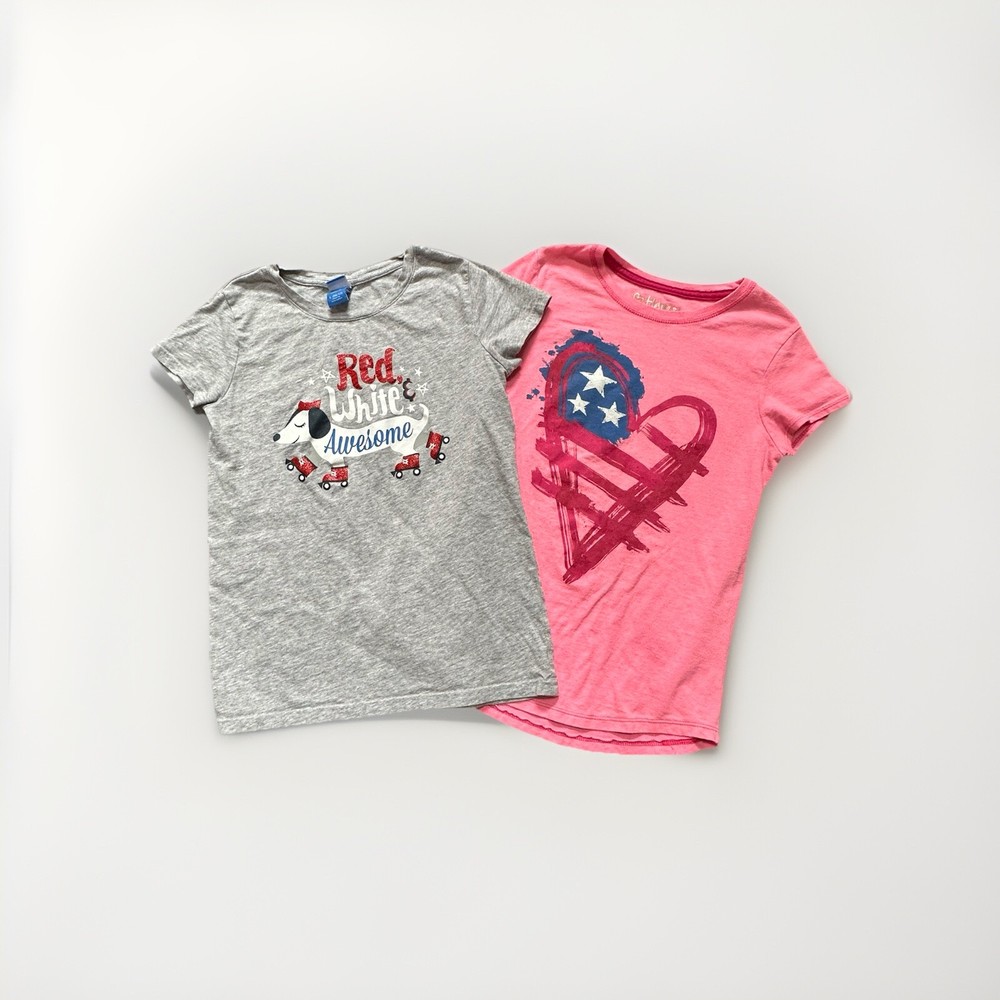 👕 Girls Size L (10/12) 4th of July Shirt Lot – Hanes & Wonder Nation – 2 Pack