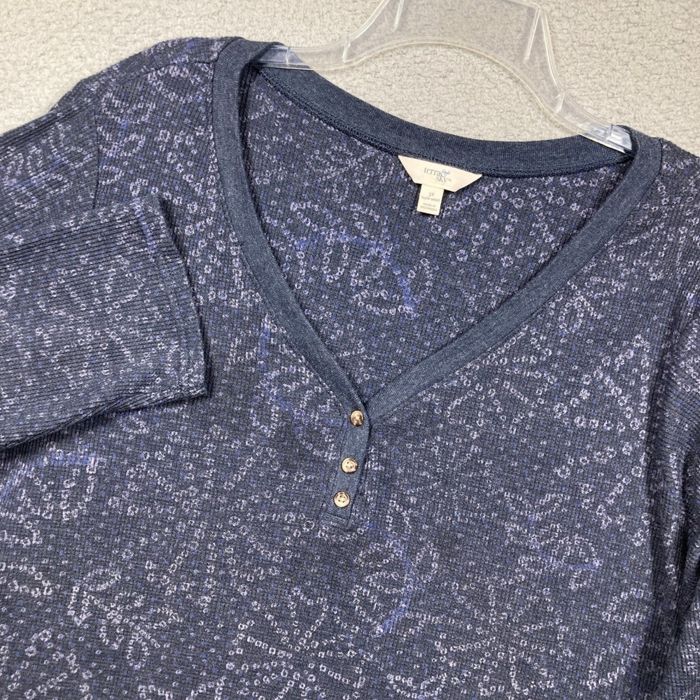 Terra & Sky Thermal Henley Top Women 3X Blue Floral Waffle Knit Long Sleeve