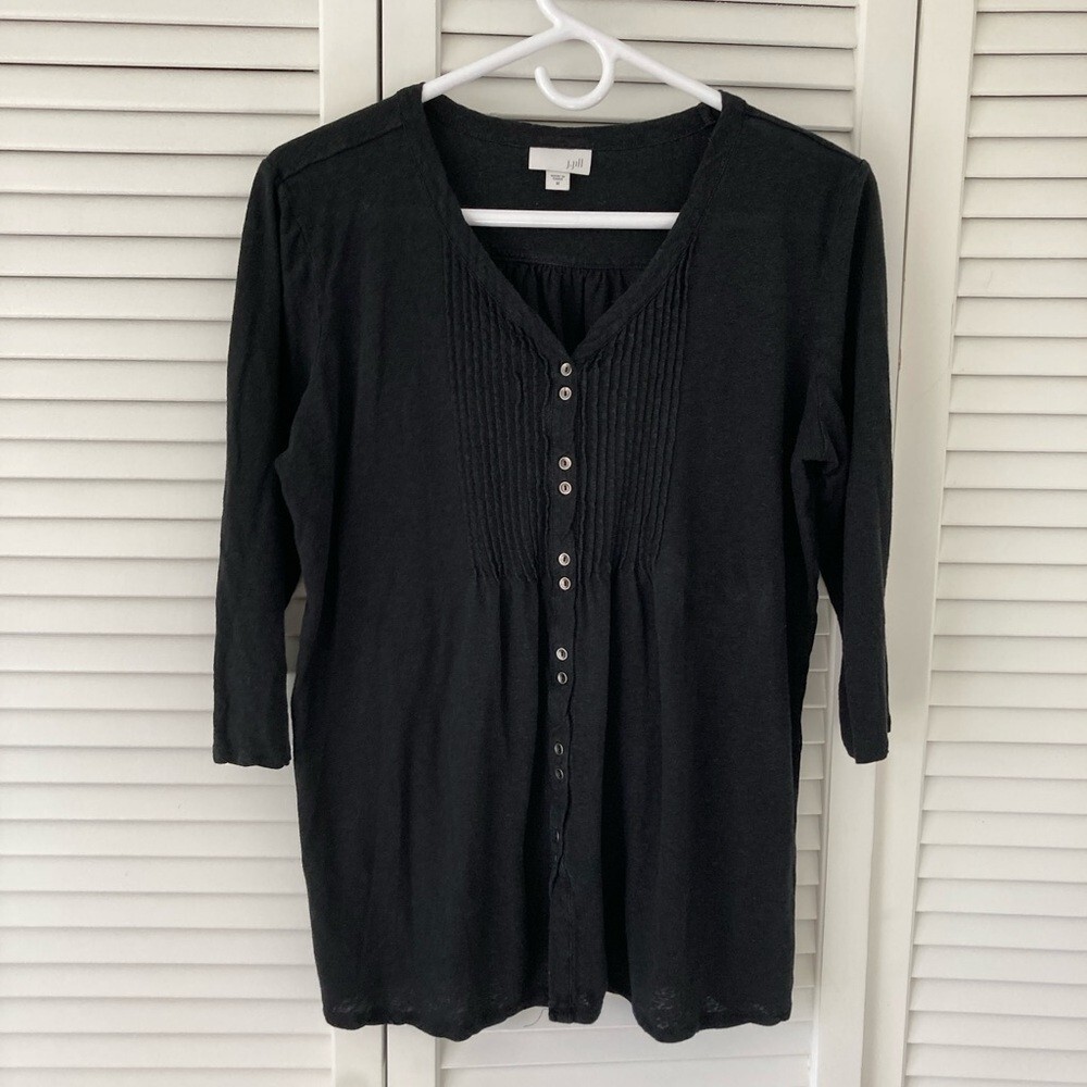 Women's J Jill Black Linen Modal Rayon Button Detail 3/4 Sleeve V Neck Top Med