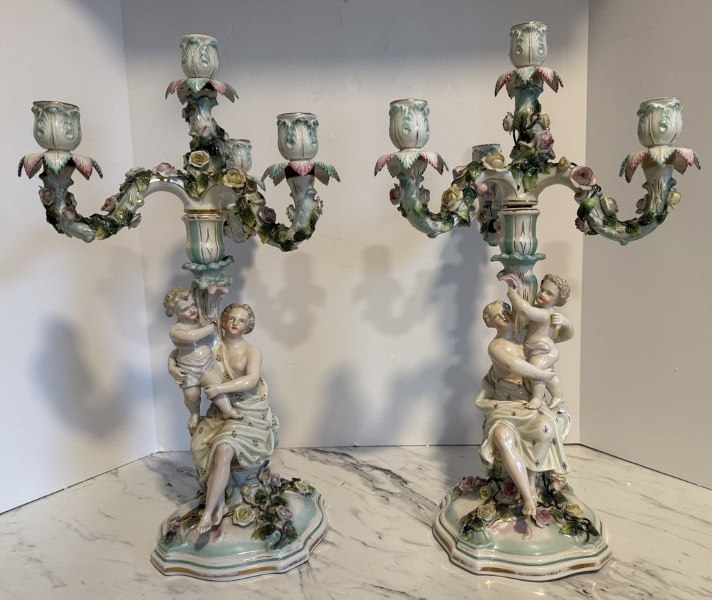 ANTIQUE German SITZENDORF Porcelain Dresden Figural CANDELABRAS Set Of 2 READ