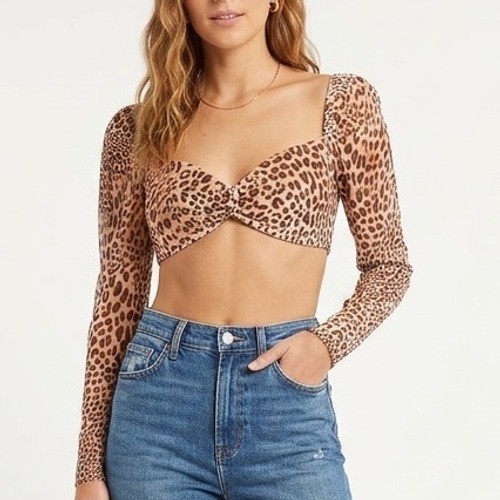 Naked Wardrobe The Statement Leopard Print Crop Top Long Sleeve Sweetheart S