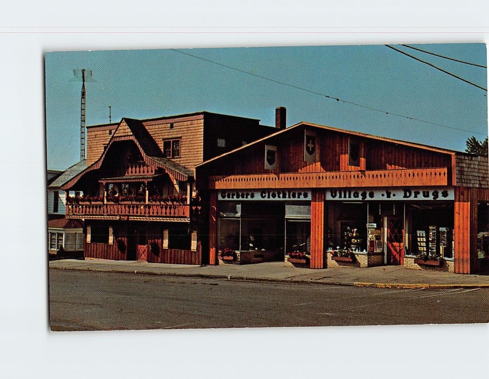Postcard Village Drug Store Gerber's Clothiers Swiss Hat Restaurant Ohio USA
