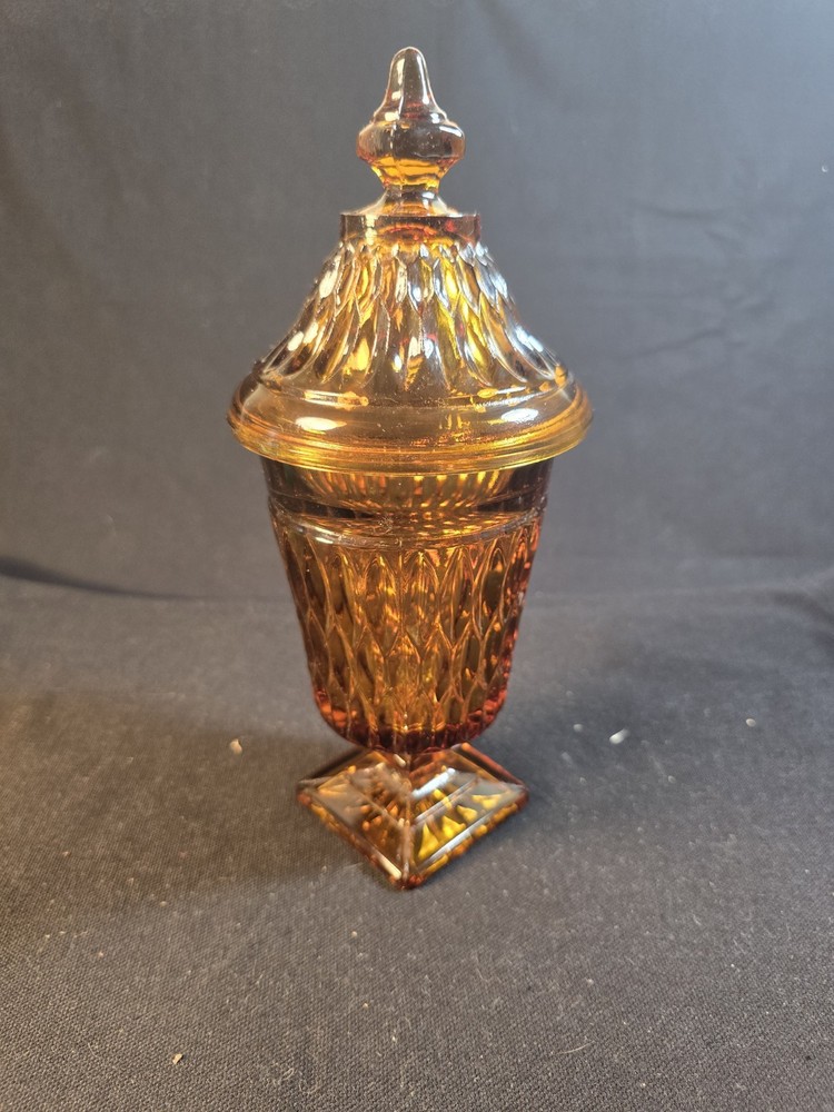 INDIANA GLASS Amber Lidded Pedestal Candy Dish Fall Decor 9.75”