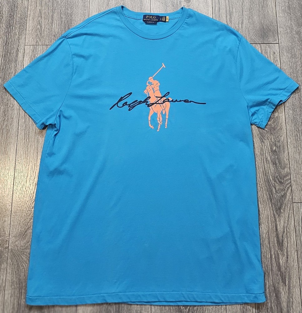 POLO RALPH LAUREN Classic Fit Big Pony Script Logo T-Shirt Cove Blue Mens Size L
