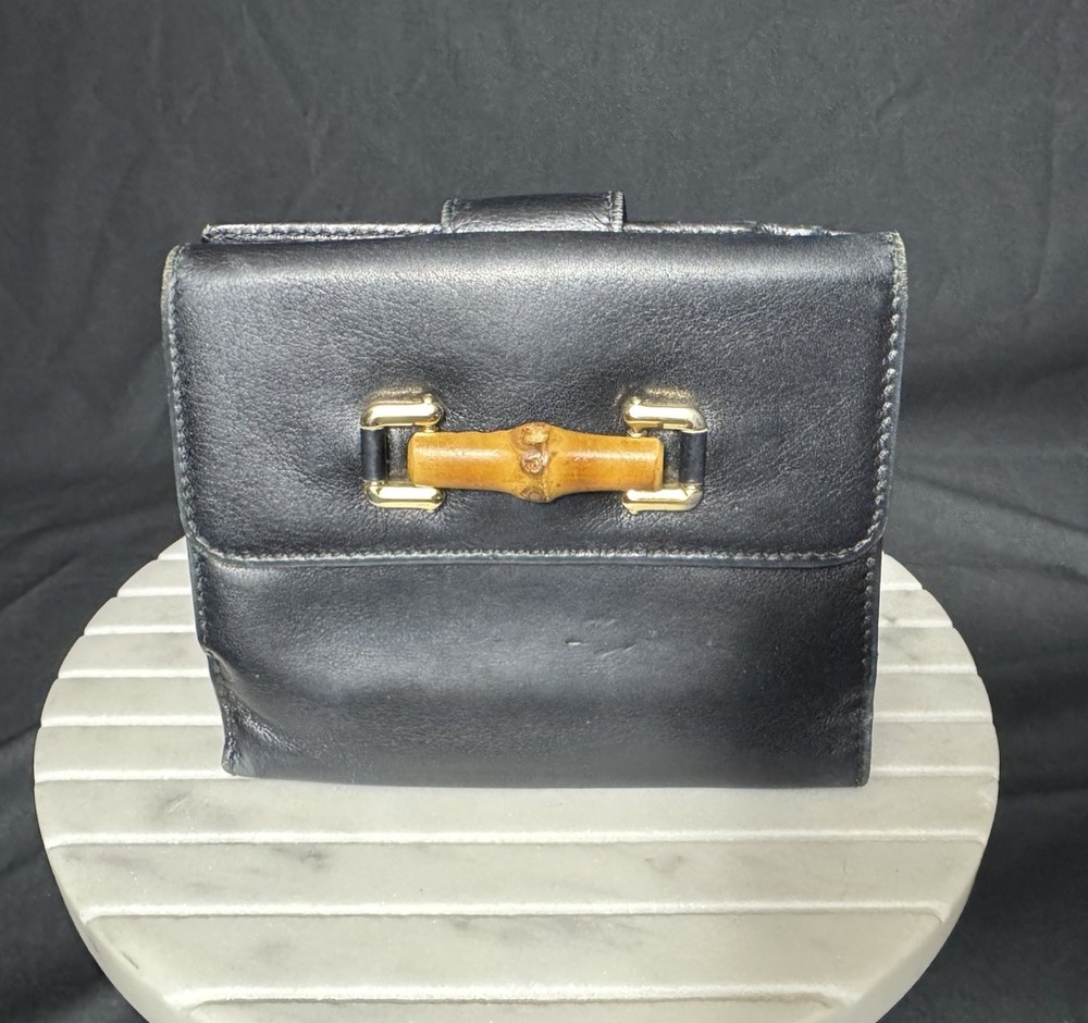 GUCCI Bamboo Leather Wallet Bifold Black Vintage Genuine Authentic Luxury