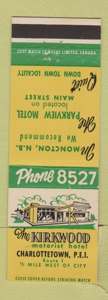 Matchbook Cover - Kirkwood Motorist Hotel Charlottetown PEI PE