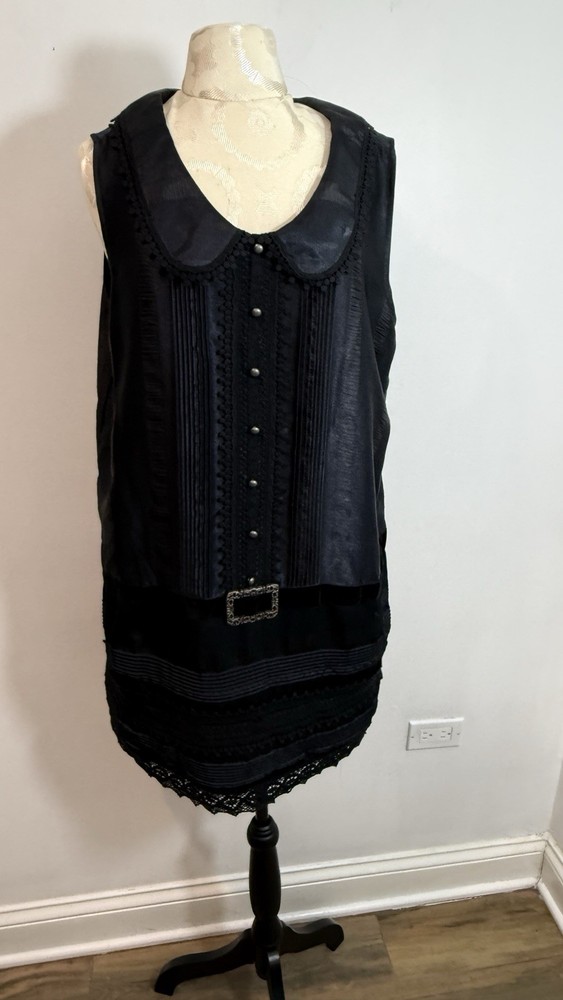 Anna Sui Womens Dress Black Drop Waist Belted Lace Sleeveless A-line XL