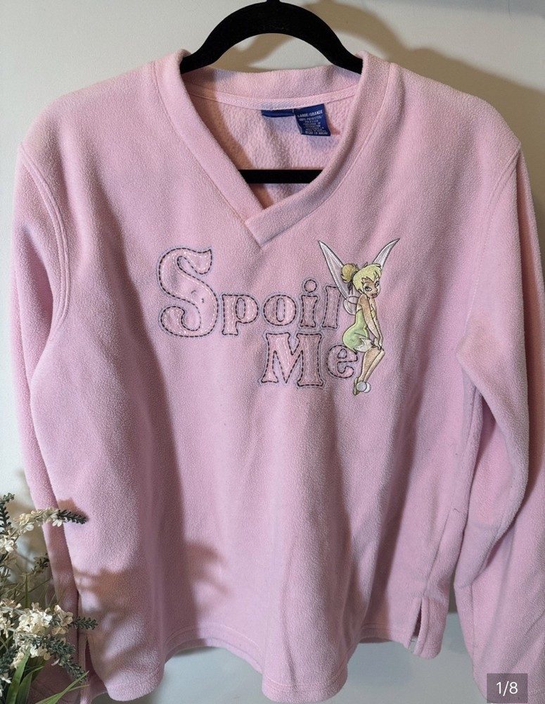 RARE VINTAGE DISNEY Tinkerbell pink fleece V- Neck sweater SIZE L Spoil Me