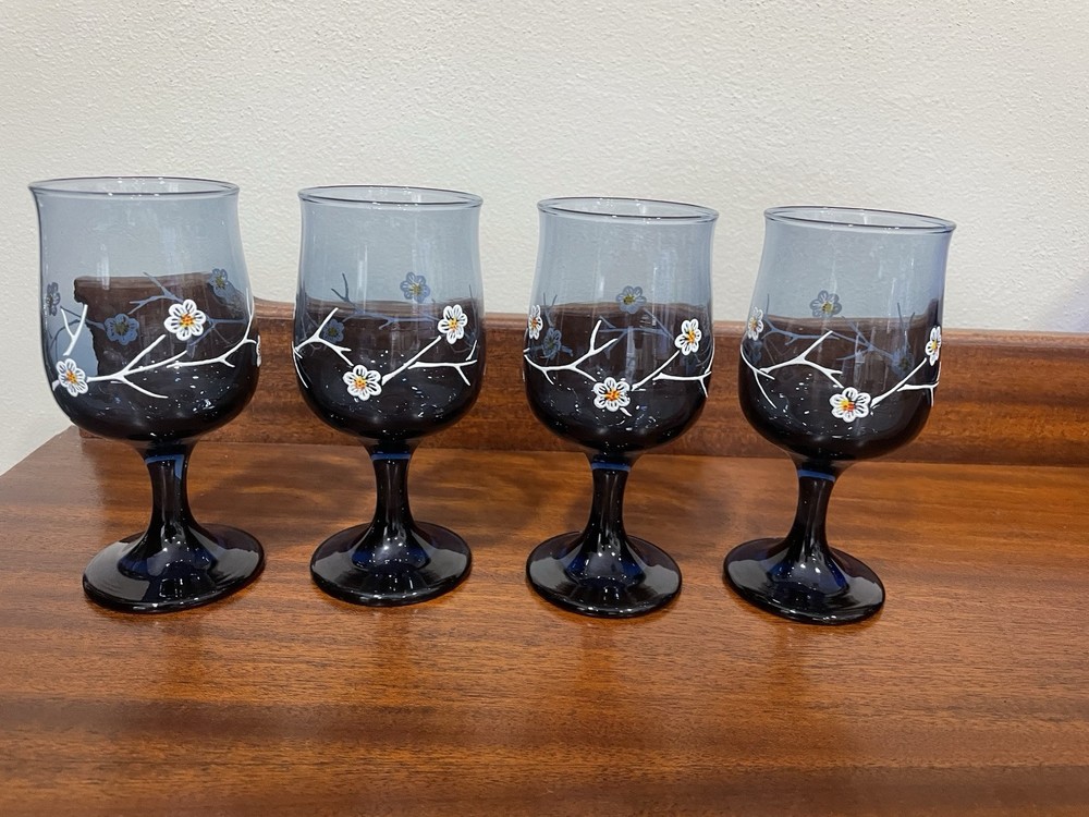 Vintage Libbey? Smokey Blue Floral Wine Glasses Dogwood Stems Set of 4