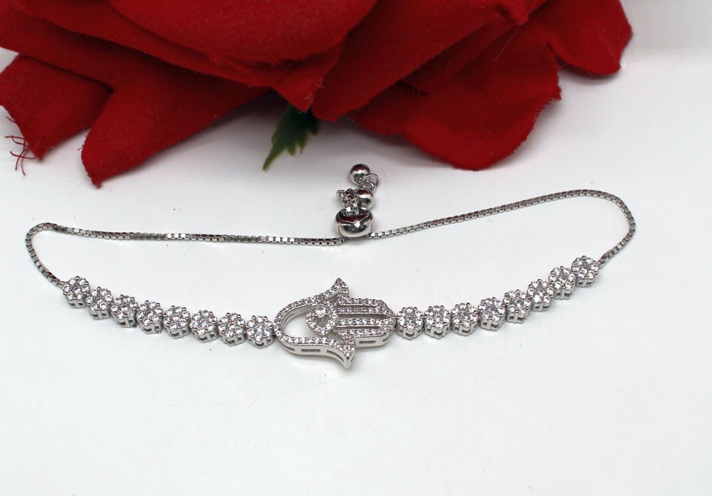 Sterling Silver  Hand of Fatima CZ 7.83g Bolo  Bracelet  CAT RESCUE